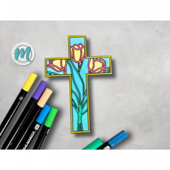 Frühlings-Kreuz "Tulpenzauber" ausgemalt